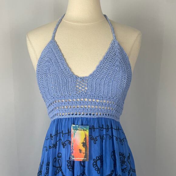 Boho Midi Dress Size Small Blue Embroidered Crochet Hi Low Beach Gypsy Festival - Picture 3 of 16